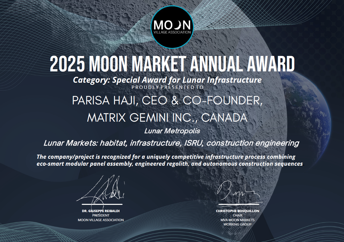 Matrix GEMINI lunar infrastructure award recognition
